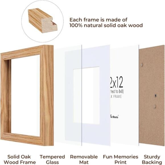 12x12 Picture Frame Set of 2, Oak Wood 12 x 12 Photo Frames for Wall, Square 12 - Picture 4 of 6